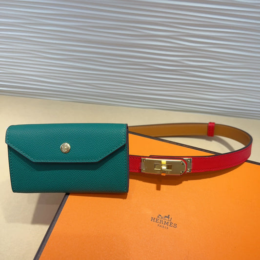 HM KELLY TEAL GREEN POCKET 18MM BELT CHERRY RED LEATHER GOLD HARDWARE