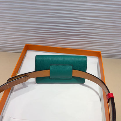 HM KELLY TEAL GREEN POCKET 18MM BELT CHERRY RED LEATHER GOLD HARDWARE