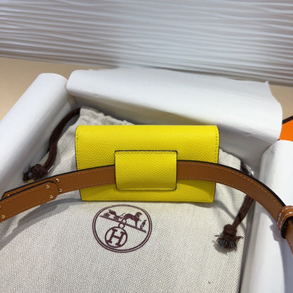 HM KELLY LEMON YELLOW POCKET 18MM BELT CINNAMON BROWN LEATHER GOLD HARDWARE