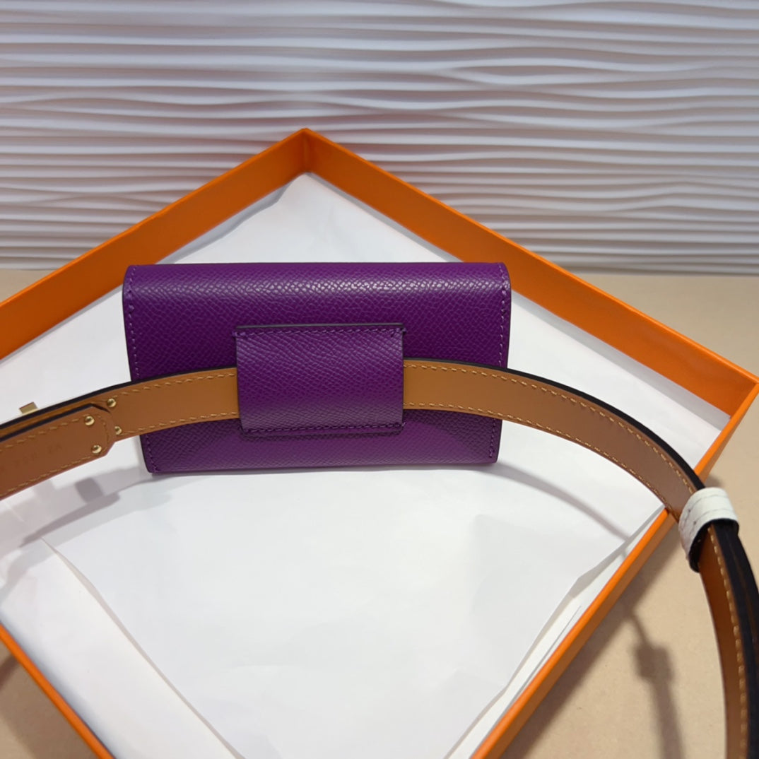 HM KELLY VIOLET PURPLE POCKET 18MM BELT WHITE LEATHER GOLD HARDWARE