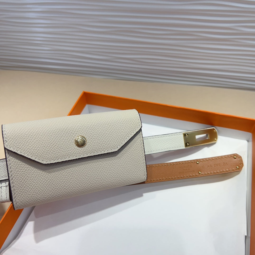 HM KELLY POCKET 18MM BELT WHITE LEATHER GOLD HARDWARE