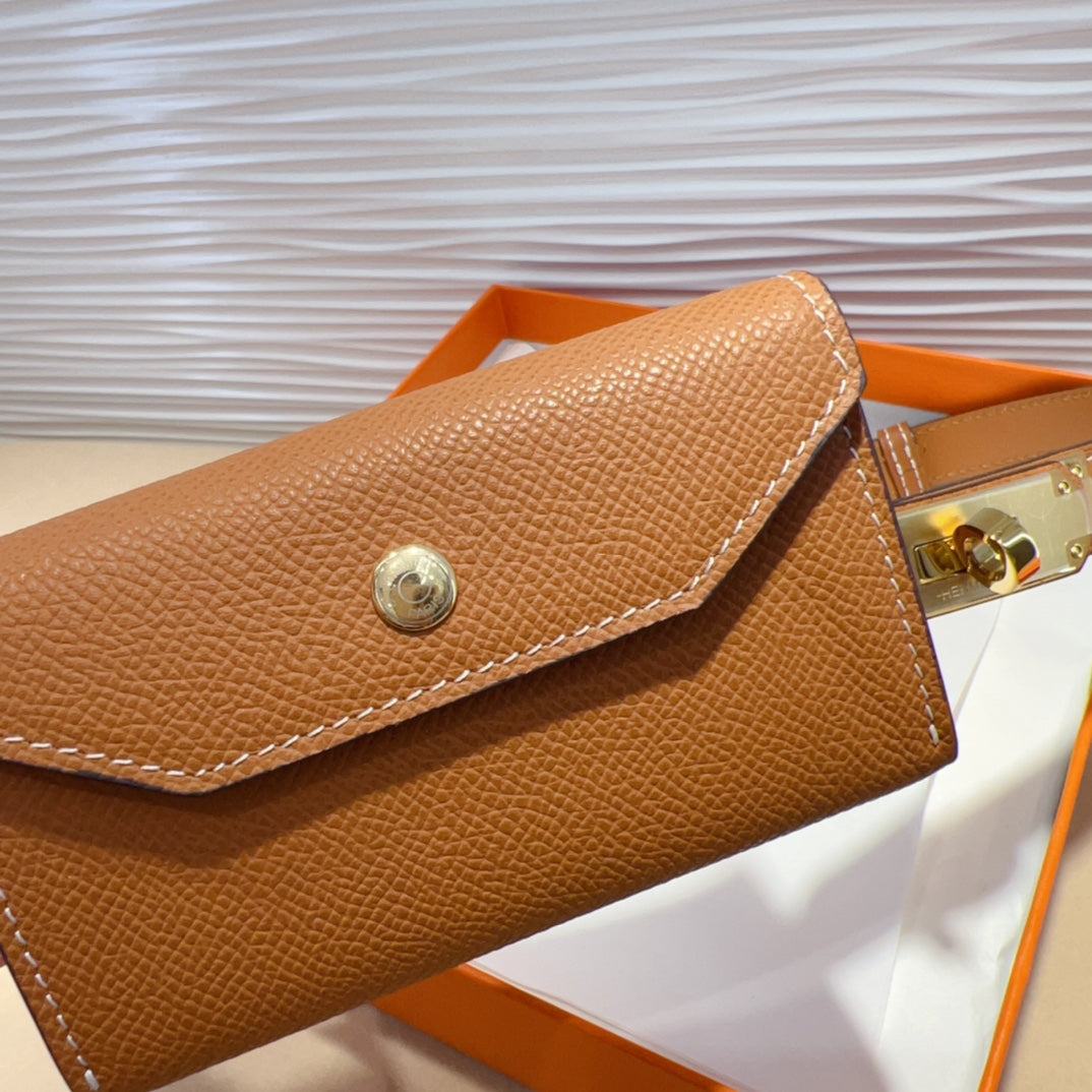 HM KELLY POCKET 18MM BELT CINNAMON BROWN LEATHER GOLD HARDWARE