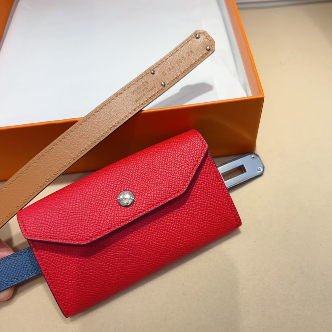 HM KELLY CHERRY RED POCKET 18MM BELT NAVY BLUE LEATHER GOLD HARDWARE