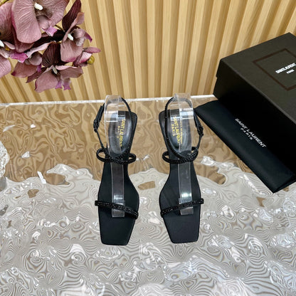 NUIT SANDALS 85 IN BLACK CREPE SATIN AND BLACK RHINESTONES