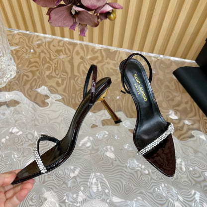 RENDEZ-VOUS SANDALS 70 IN SATIN CREPE BLACK MAROON LEATHER