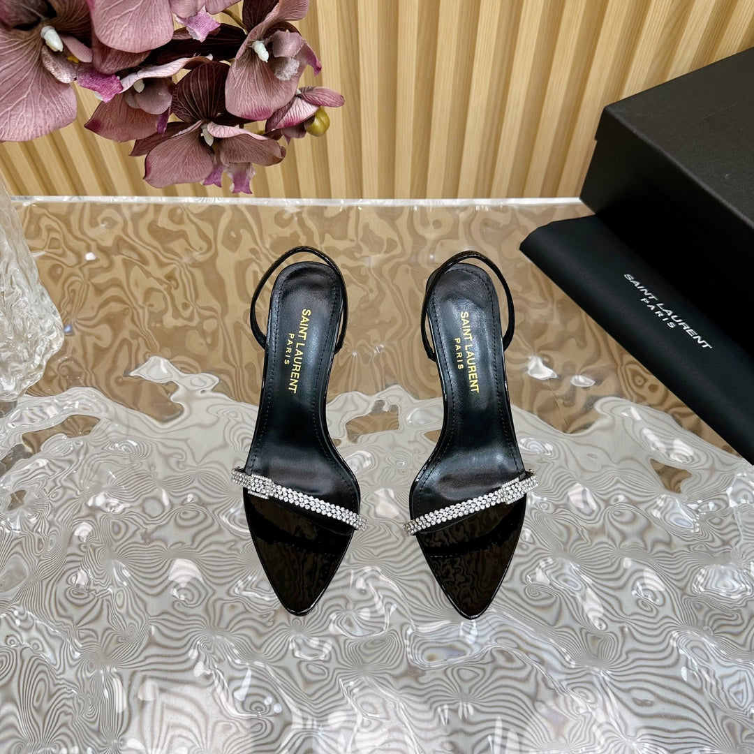 RENDEZ-VOUS SANDALS 70 IN SATIN CREPE PATENT BLACK LEATHER