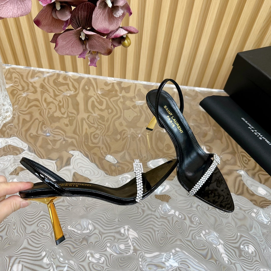 RENDEZ-VOUS SANDALS 70 IN SATIN CREPE PATENT BLACK LEATHER