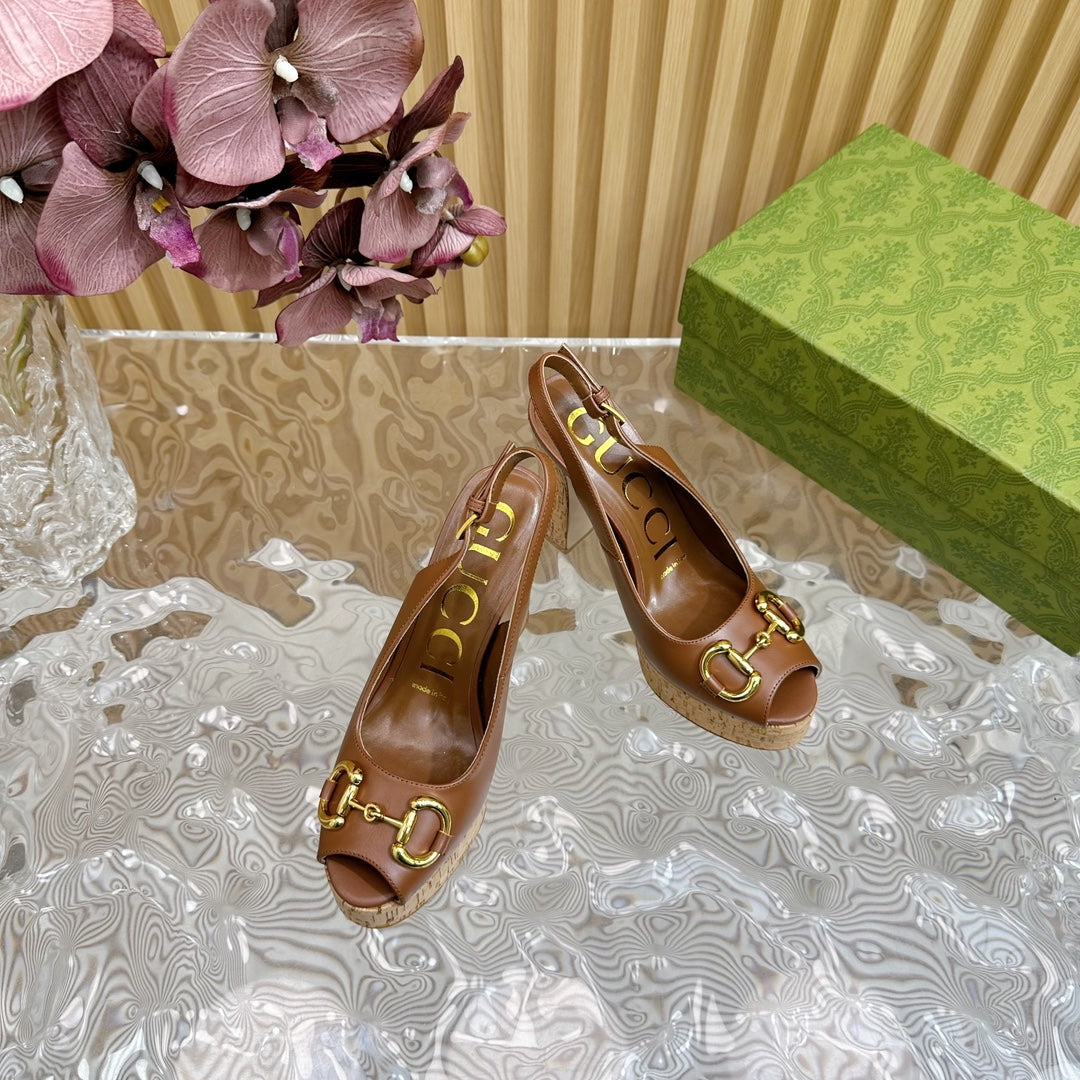 GG SANDAL WITH PLATFORM AND CLAMP CARAMEL LAMBSKIN