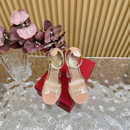 HIGH SANDAL 14CM IN NUDE TAN CALFSKIN AND TRANSPARENT PVC