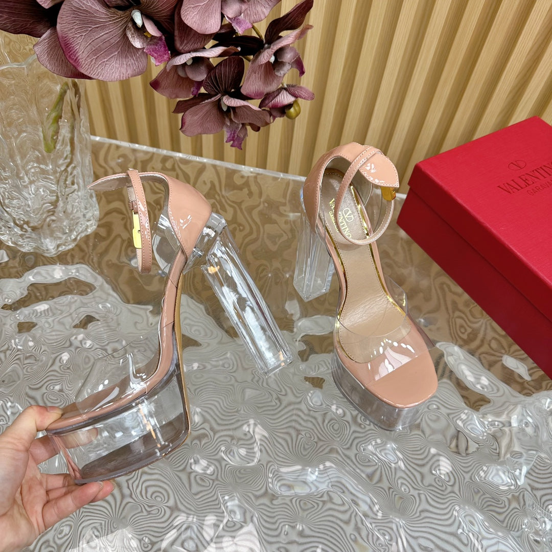 HIGH SANDAL 14CM IN NUDE TAN CALFSKIN AND TRANSPARENT PVC