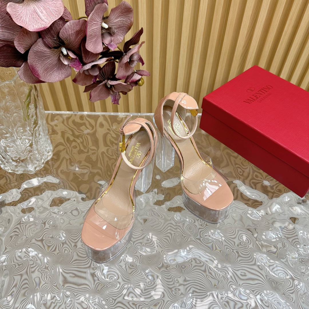 HIGH SANDAL 14CM IN NUDE TAN CALFSKIN AND TRANSPARENT PVC