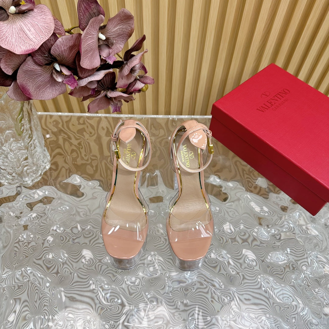 HIGH SANDAL 14CM IN NUDE TAN CALFSKIN AND TRANSPARENT PVC