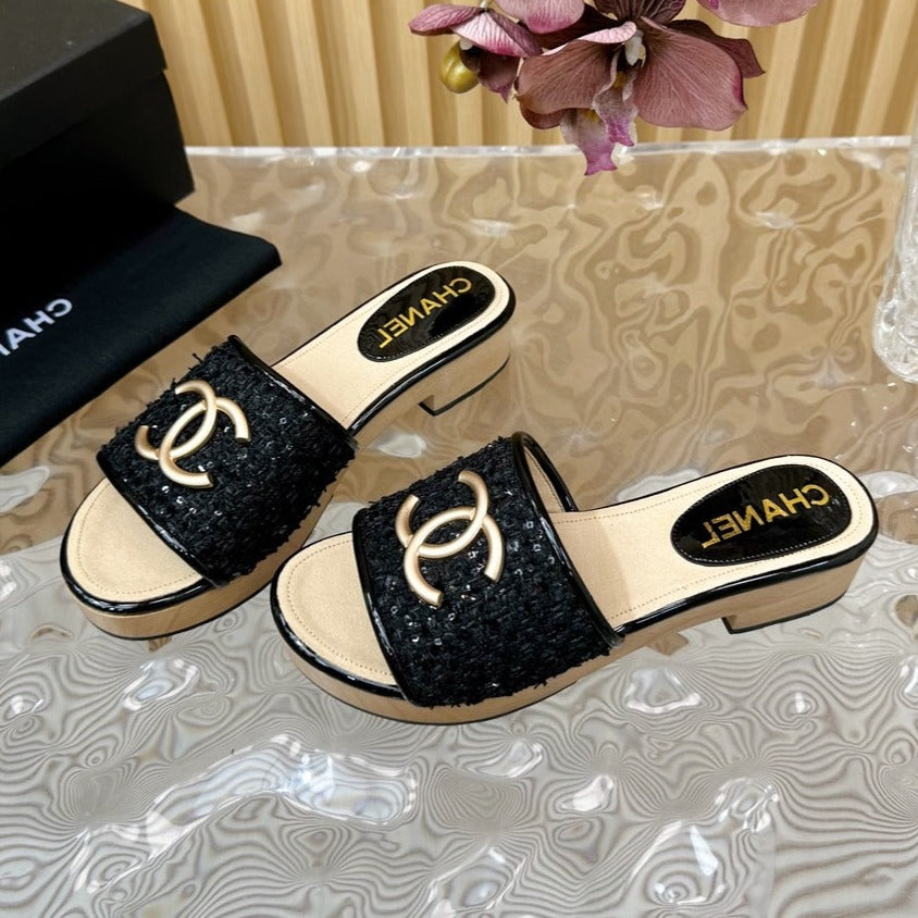 PLATFORM SLIPPERS IN BLACK TWEED AND LAMBSKIN