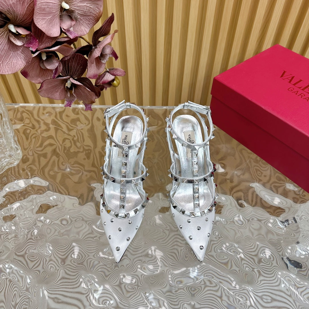 ROCKSTUD MIRROR-EFFECT PUMP WITH MATCHING STRAPS AND STUDS 95 MM SILVER CALFSKIN AND MESH