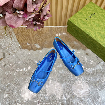 BALLET FLAT IN COBALT BLUE SILK WITH SILVER HARDWARE
