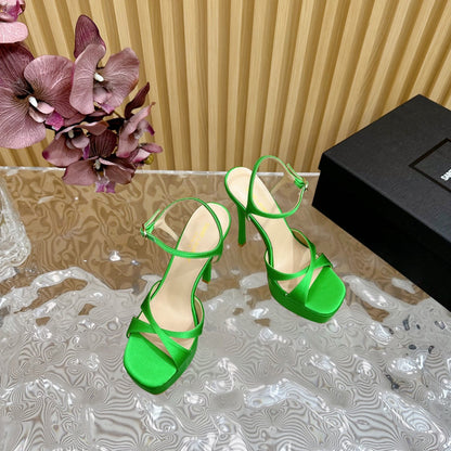 DEBBIE PLATFORM SANDALS IN GREEN SILK