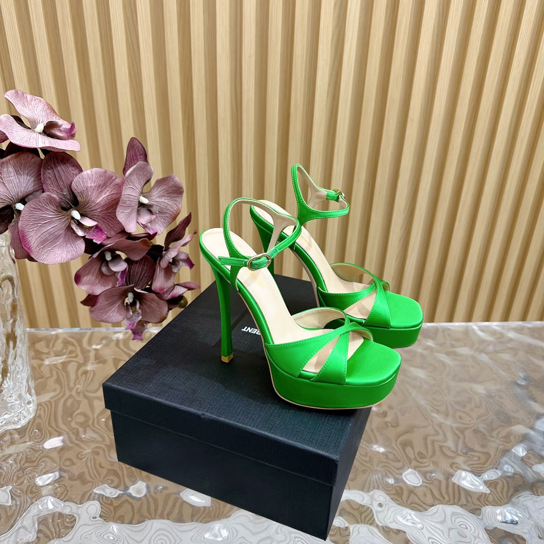 DEBBIE PLATFORM SANDALS IN GREEN SILK