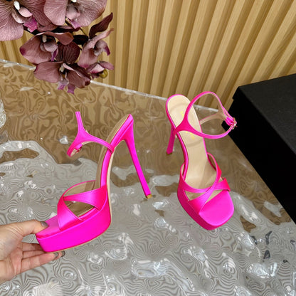 DEBBIE PLATFORM SANDALS IN HOT PINK SILK