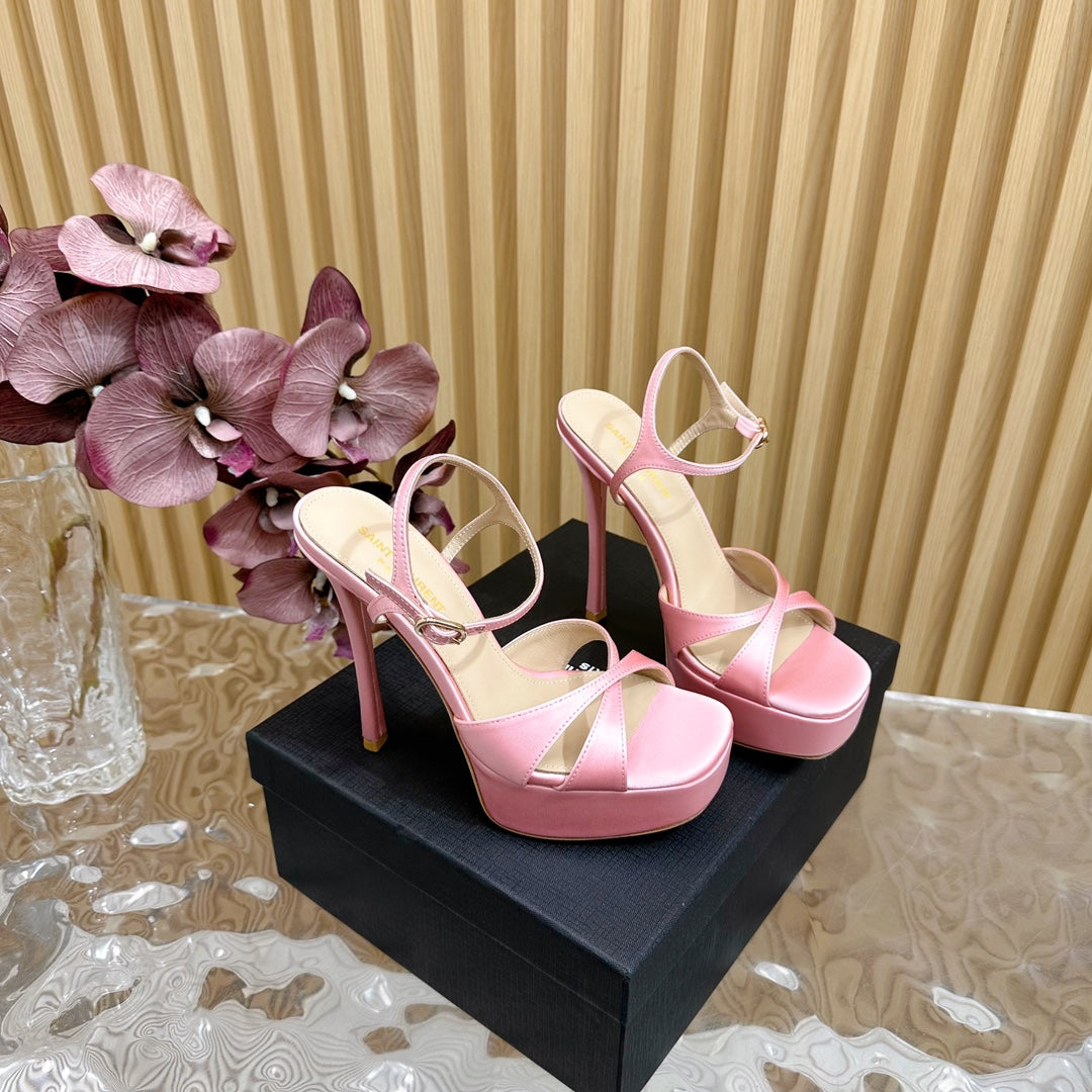 DEBBIE PLATFORM SANDALS IN PALE PINK SILK