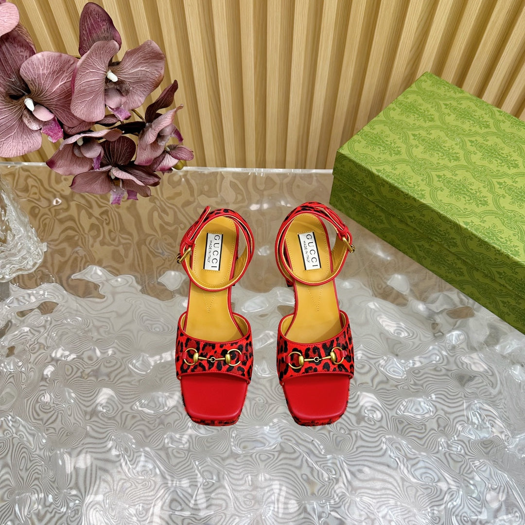 HORSEBIT HIGH-HEEL SANDAL WITH LEOPARD PRINT IN RED VELVET AND CALFSKIN LINING