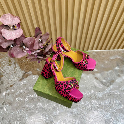HORSEBIT HIGH-HEEL SANDAL WITH LEOPARD PRINT IN MAGENTA PINK VELVET AND CALFSKIN LINING