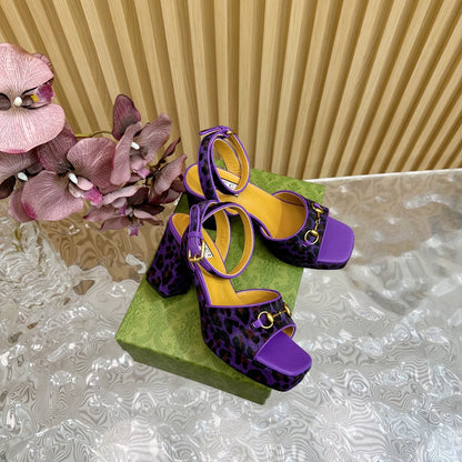 HORSEBIT HIGH-HEEL SANDAL WITH LEOPARD PRINT IN PURPLE VELVET AND CALFSKIN LINING
