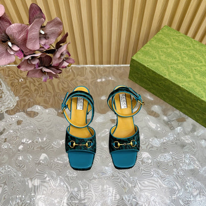 HORSEBIT HIGH-HEEL SANDAL WITH LEOPARD PRINT IN TURQUOISE VELVET AND CALFSKIN LINING