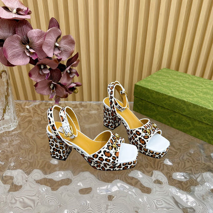HORSEBIT HIGH-HEEL SANDAL WITH LEOPARD PRINT IN WHITE VELVET AND CALFSKIN LINING