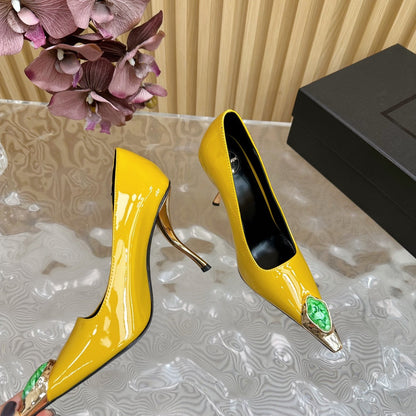GREEN GEM-STUDDED HIGH PUMPS IN YELLOW PATENT CALFSKIN