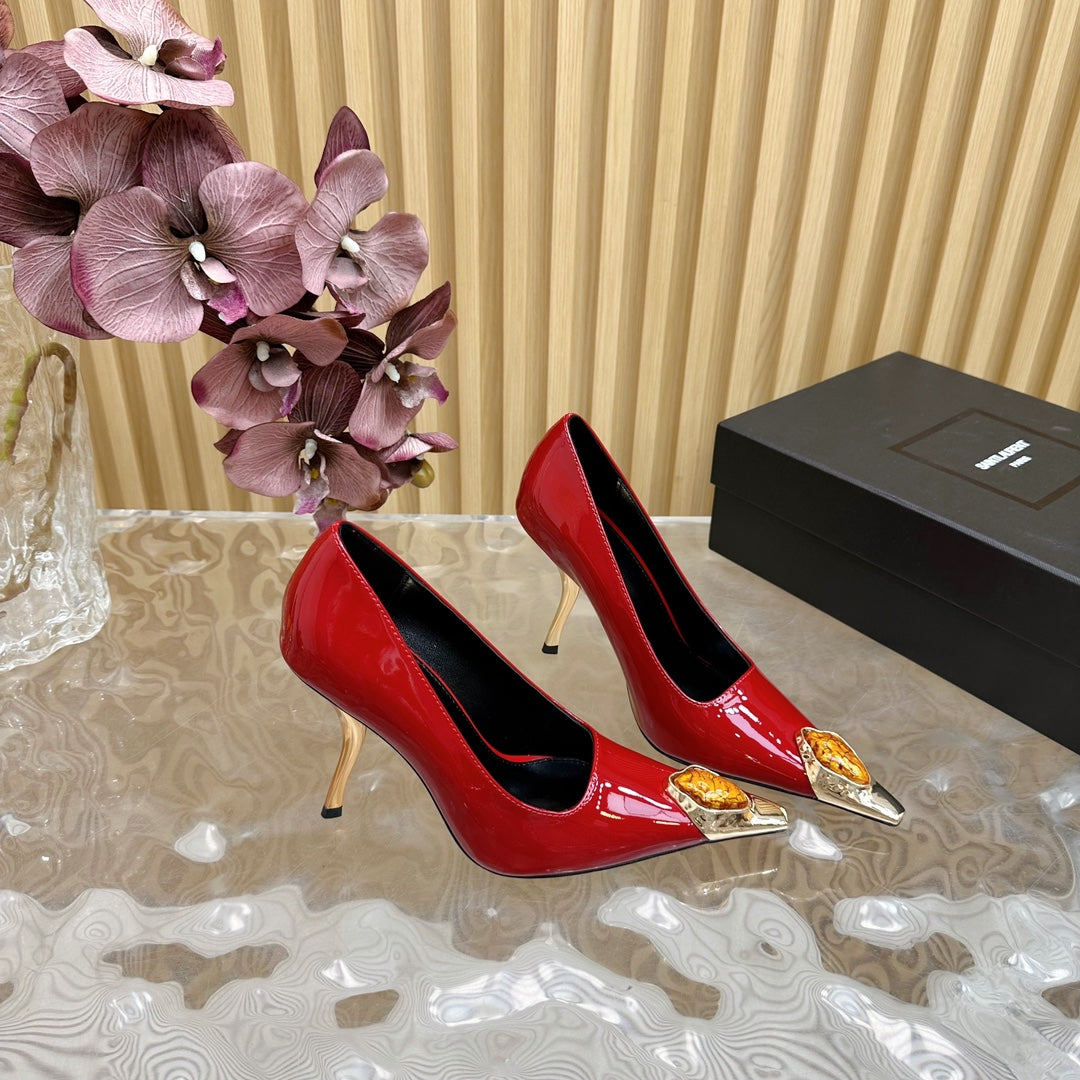 ORANGE GEM-STUDDED HIGH PUMPS IN RED PATENT CALFSKIN