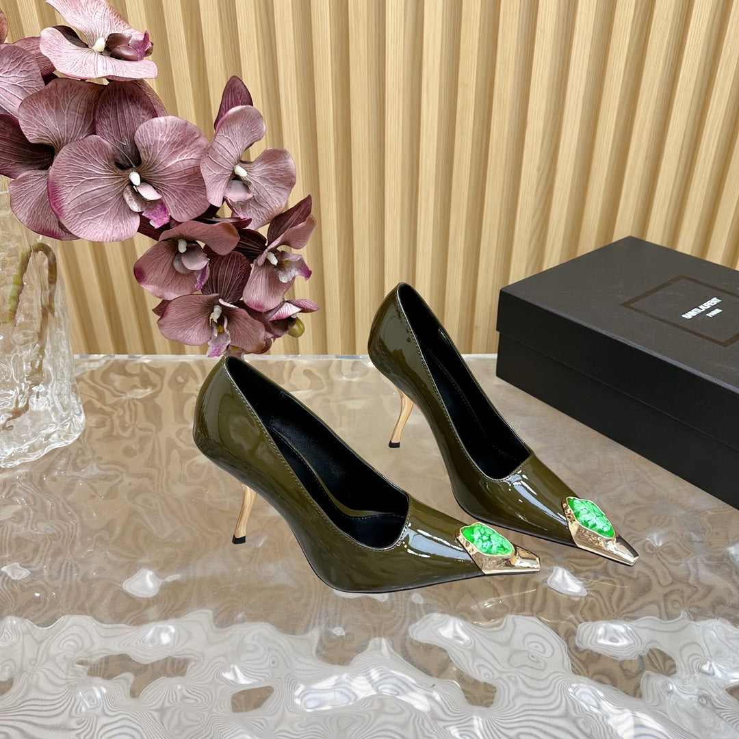 GREEN GEM-STUDDED HIGH PUMPS IN ARMY GREEN PATENT CALFSKIN