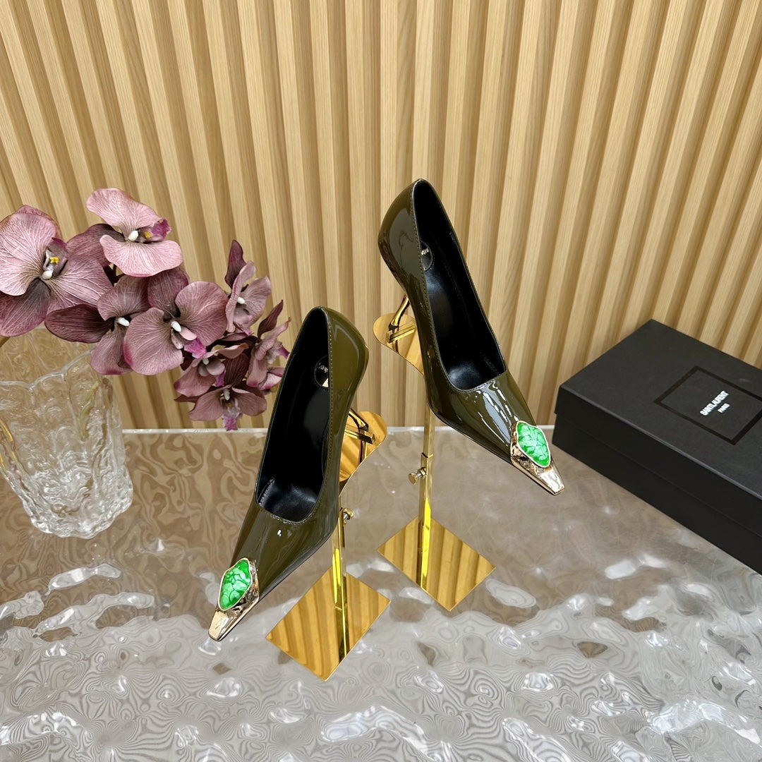 GREEN GEM-STUDDED HIGH PUMPS IN ARMY GREEN PATENT CALFSKIN