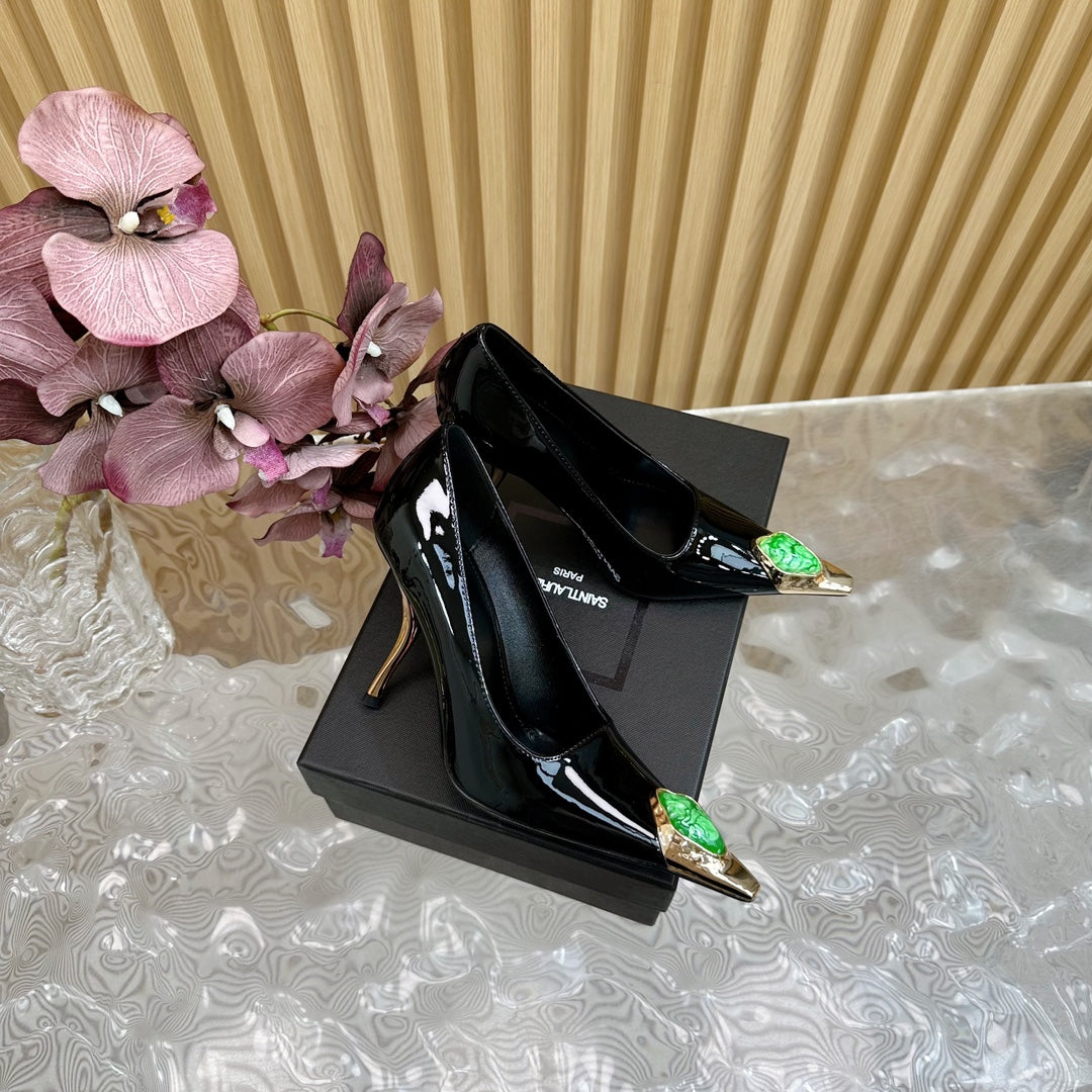 GREEN GEM-STUDDED HIGH PUMPS IN BLACK PATENT CALFSKIN