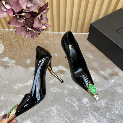 GREEN GEM-STUDDED HIGH PUMPS IN BLACK PATENT CALFSKIN