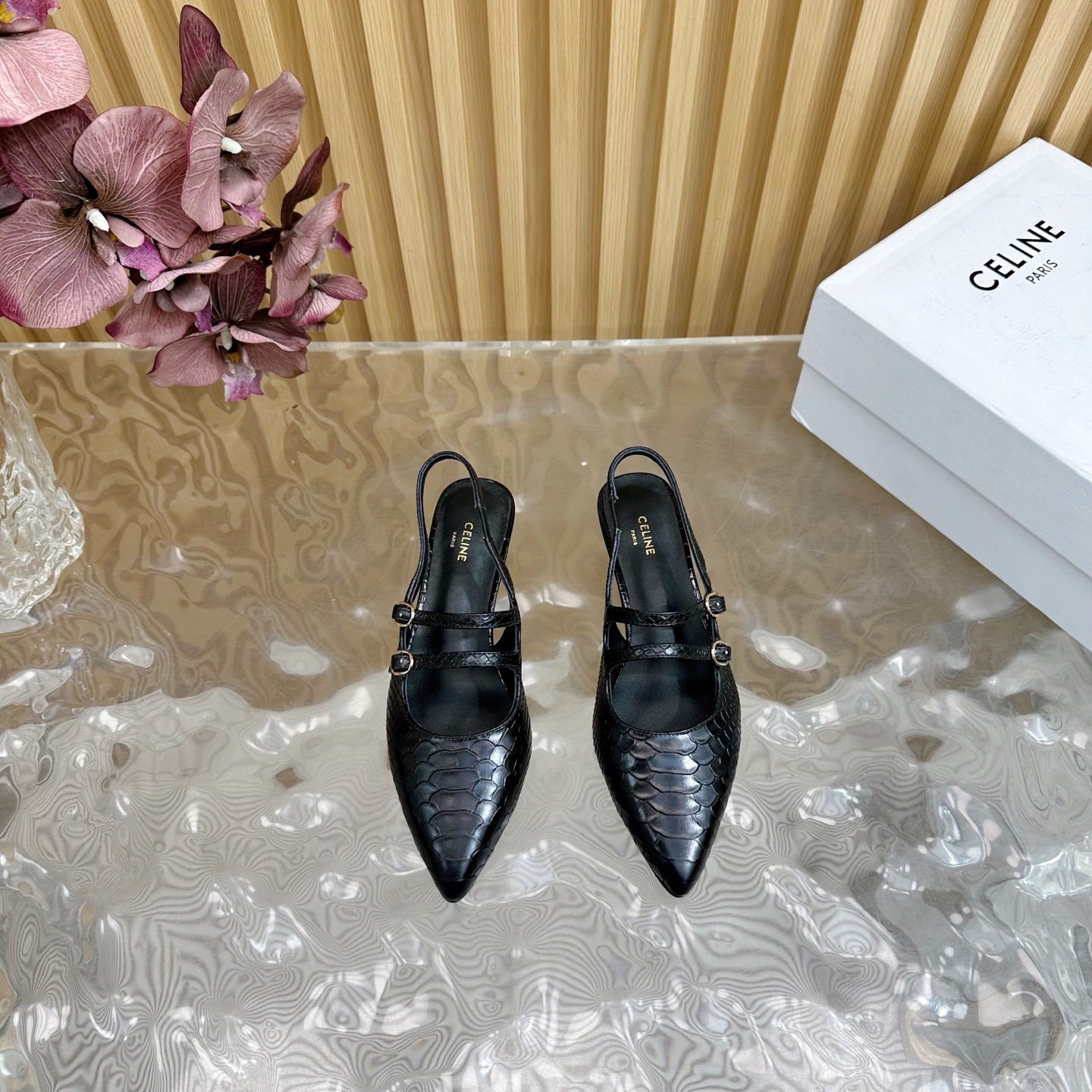 JUDY DOUBLE STRAP MARY JANE SLINGBACK 35MM IN BLACK SNAKE EMBOSSED CALFSKIN