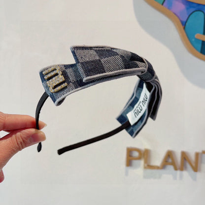 BOW HEADBAND IN BLUE DAMIER DENIM 398855