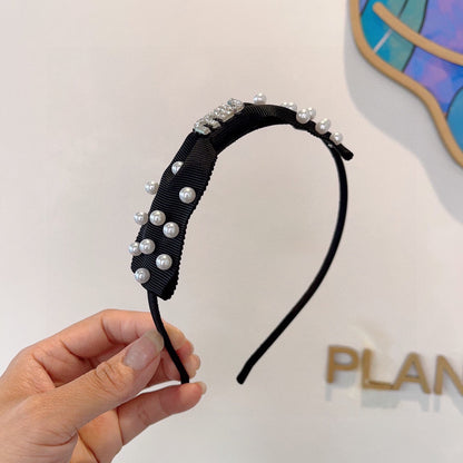 HEADBAND WITH BOW IN BLACK COTTON ATTACHED PEARLS 406039