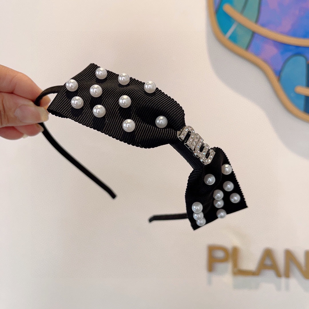 HEADBAND WITH BOW IN BLACK COTTON ATTACHED PEARLS 406039