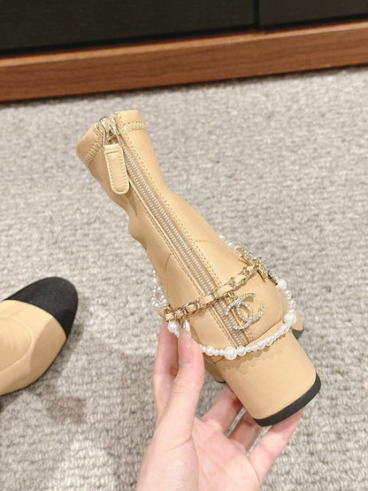 CC LOW CUT BOOTS IN SEPIA BEIGE STRETCH LAMBSKIN AND GROSGRAIN WITH PEARL CHAIN