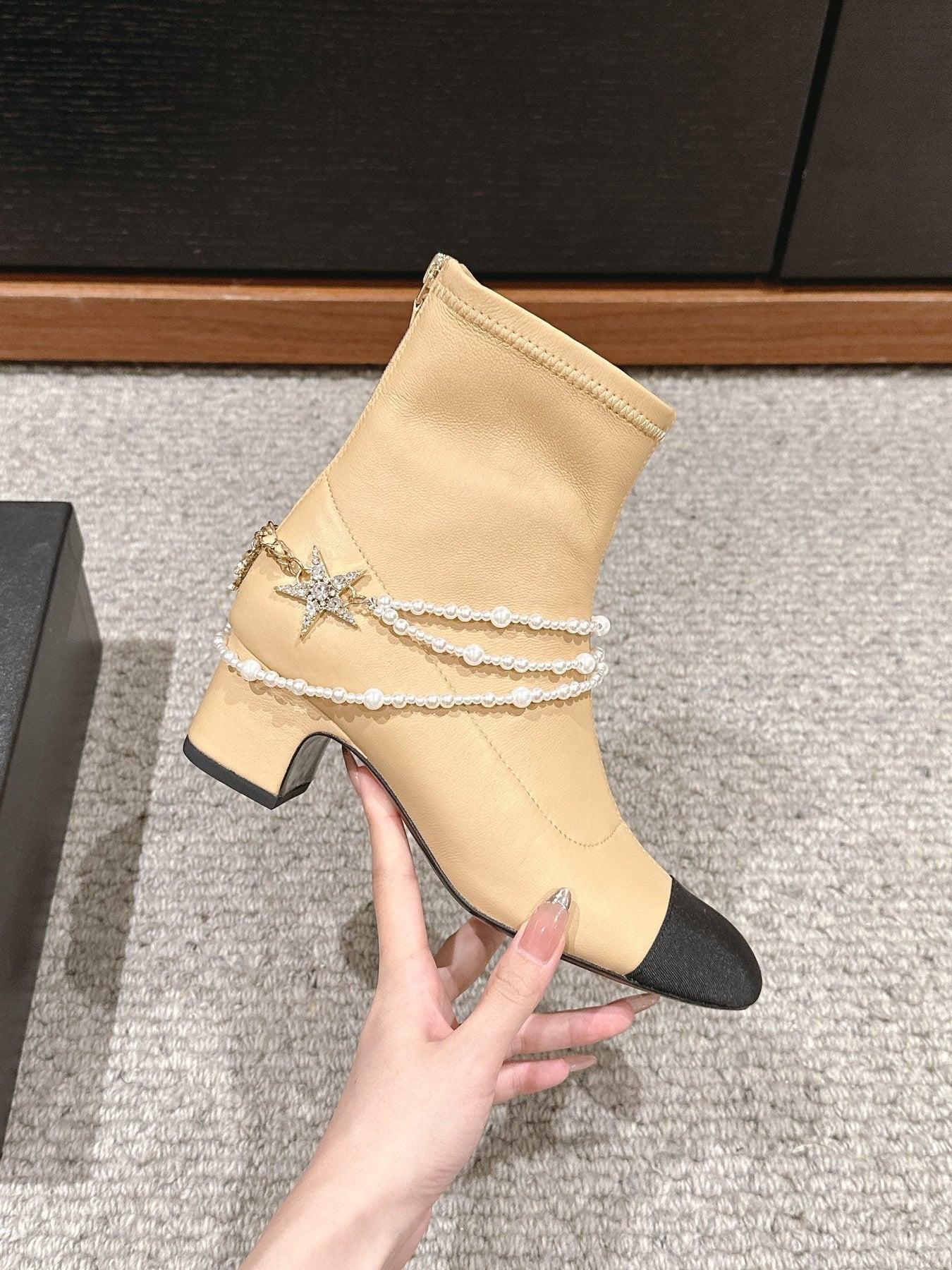 CC LOW CUT BOOTS IN SEPIA BEIGE STRETCH LAMBSKIN AND GROSGRAIN WITH PEARL CHAIN