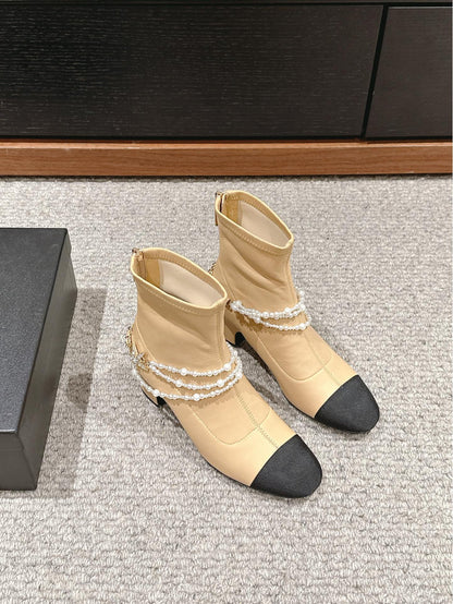 CC LOW CUT BOOTS IN SEPIA BEIGE STRETCH LAMBSKIN AND GROSGRAIN WITH PEARL CHAIN