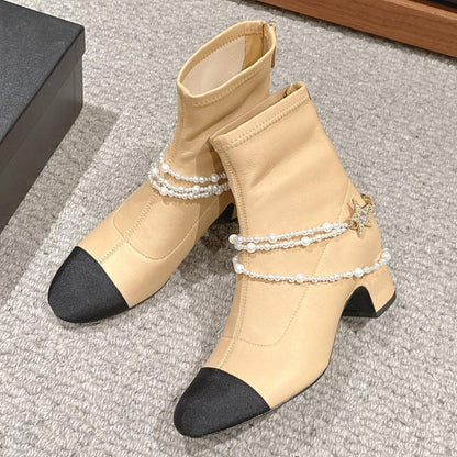 CC LOW CUT BOOTS IN SEPIA BEIGE STRETCH LAMBSKIN AND GROSGRAIN WITH PEARL CHAIN