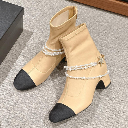 CC LOW CUT BOOTS IN SEPIA BEIGE STRETCH LAMBSKIN AND GROSGRAIN WITH PEARL CHAIN