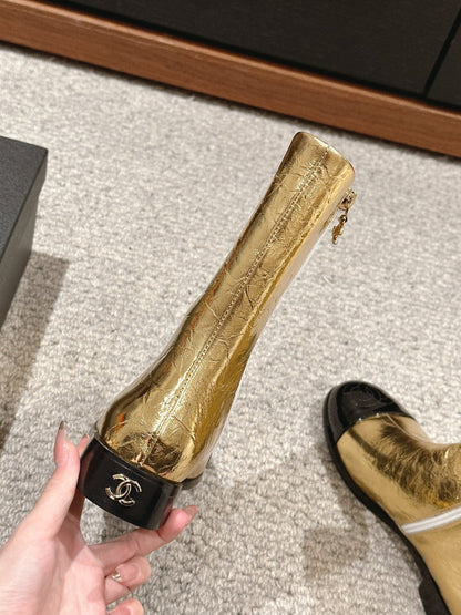 CC SHORT BOOTS IN GOLDEN MIX BLACK LAMBSKIN