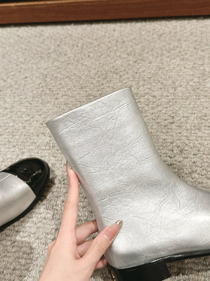 CC SHORT BOOTS IN SILVER MIX BLACK LAMBSKIN