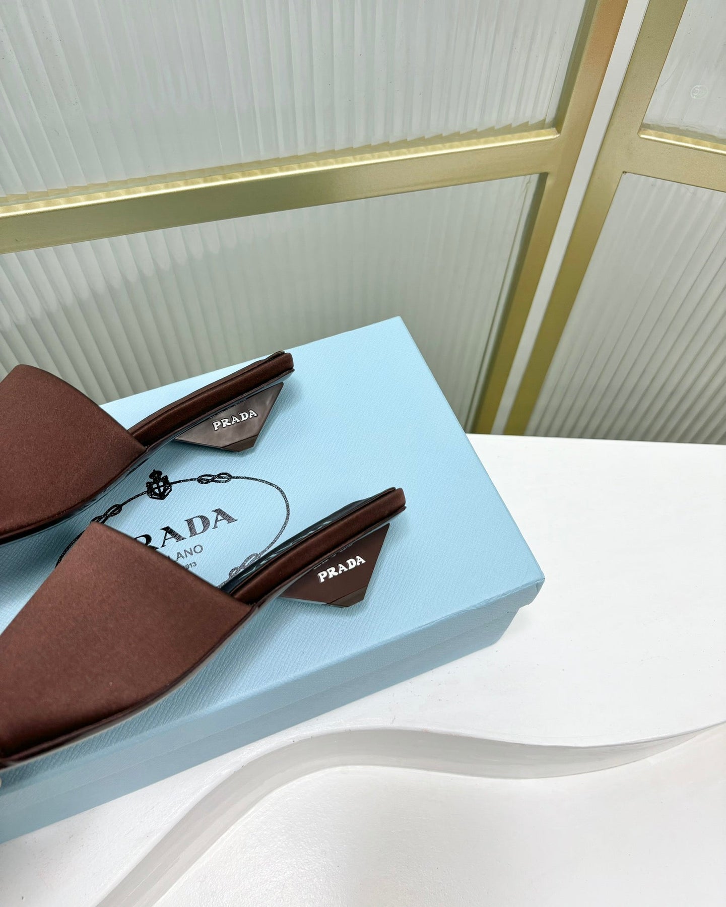PRA TRIANGLE HEEL SATIN SLIPPERS BROWN