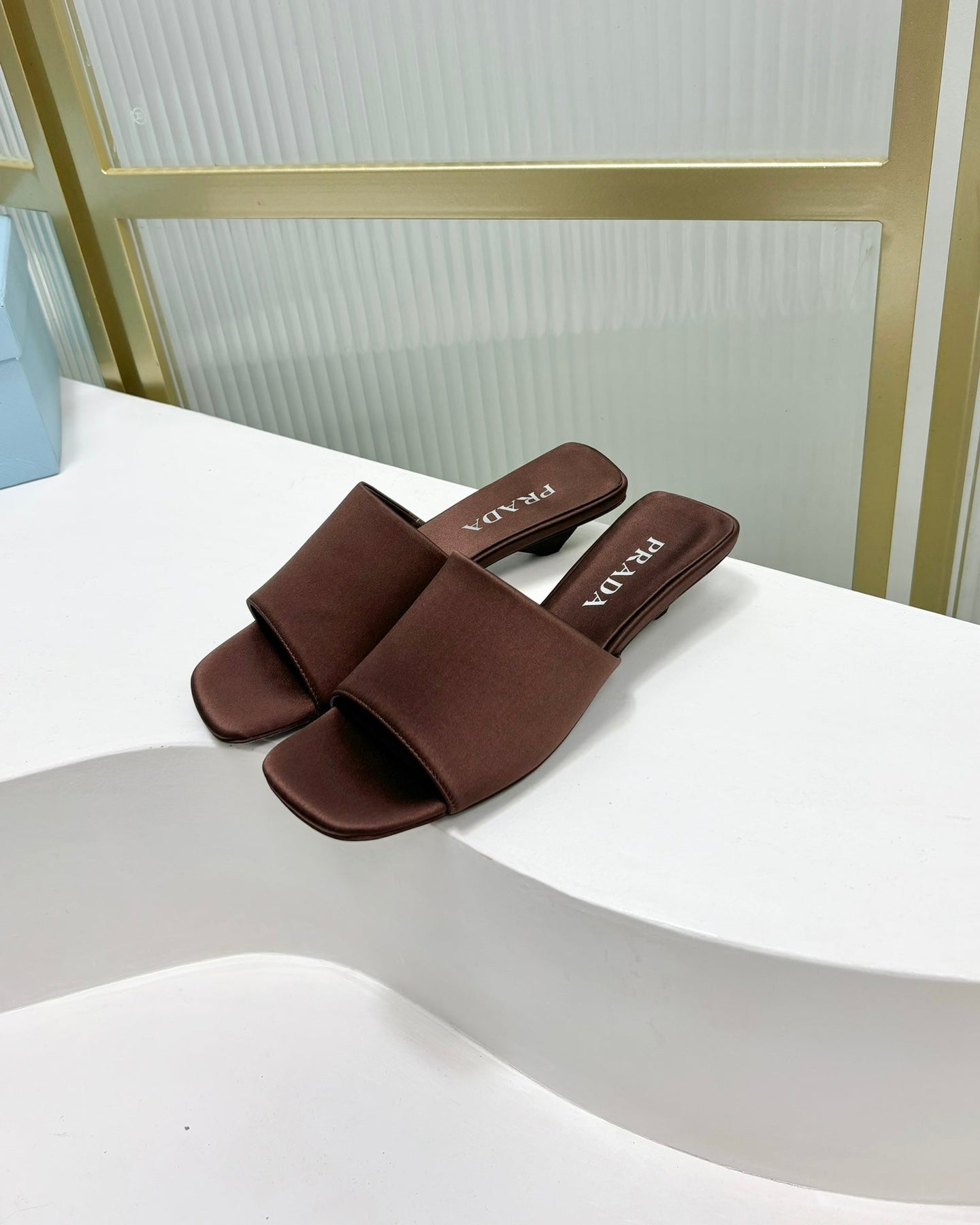 PRA TRIANGLE HEEL SATIN SLIPPERS BROWN