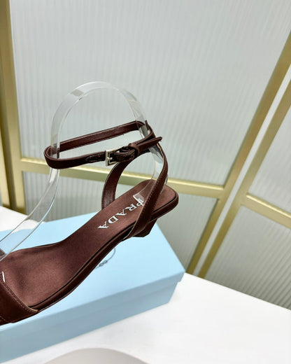 PRA TRIANGLE HEEL SATIN SANDALS BROWN