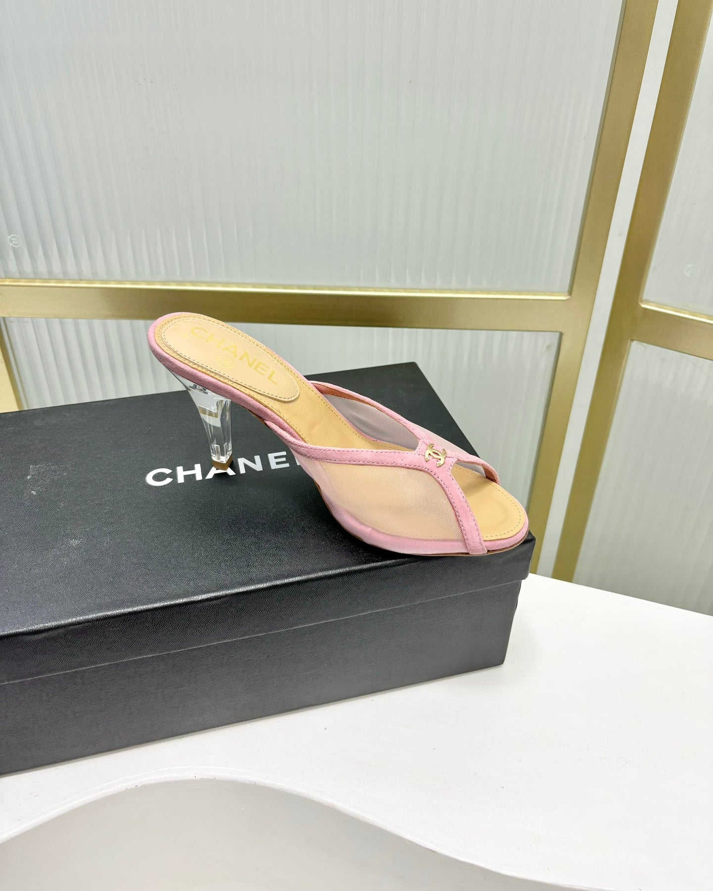 HIGH HEEL PEEP TOE IN LIGHT PINK BREATHABLE MESH