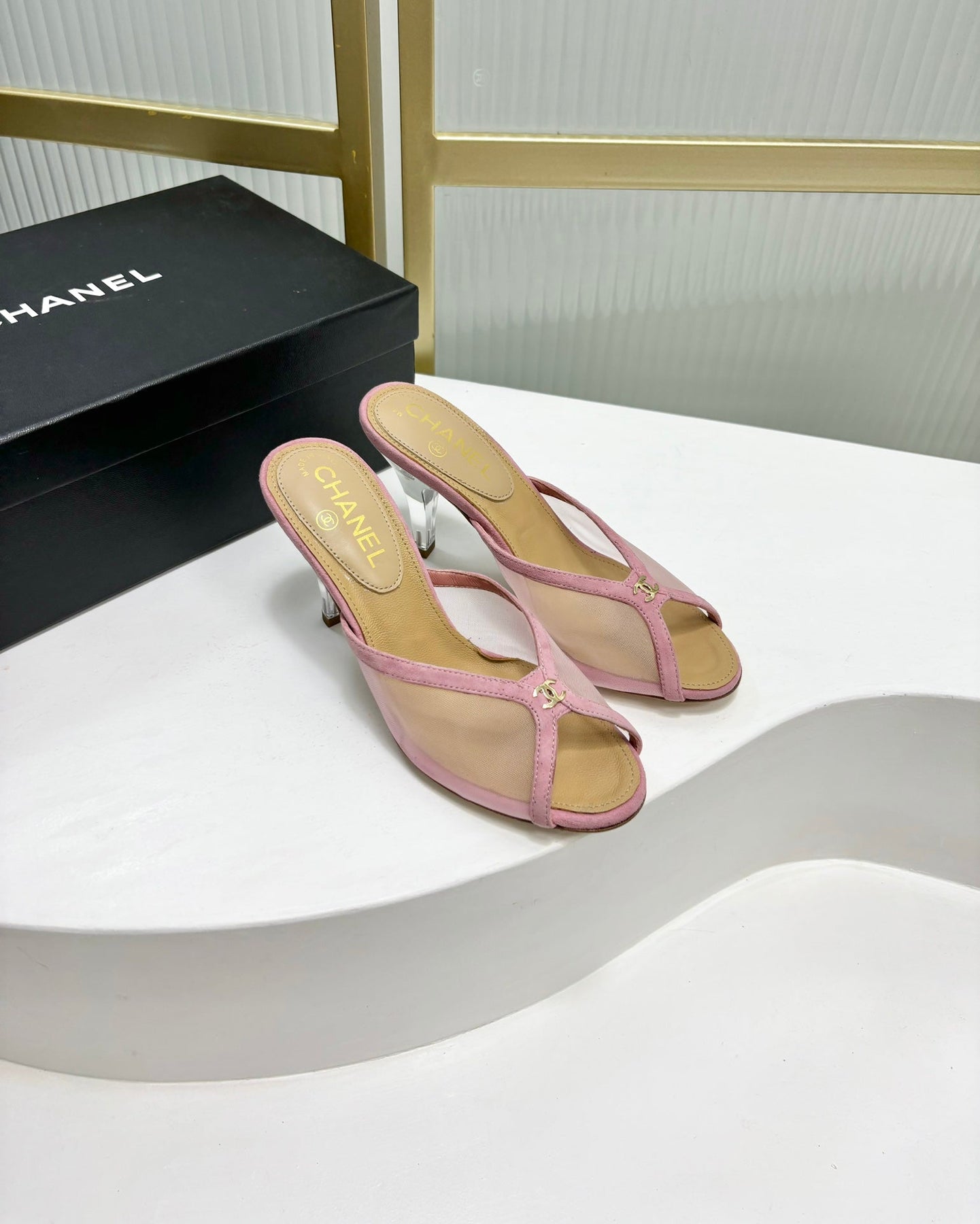 HIGH HEEL PEEP TOE IN LIGHT PINK BREATHABLE MESH